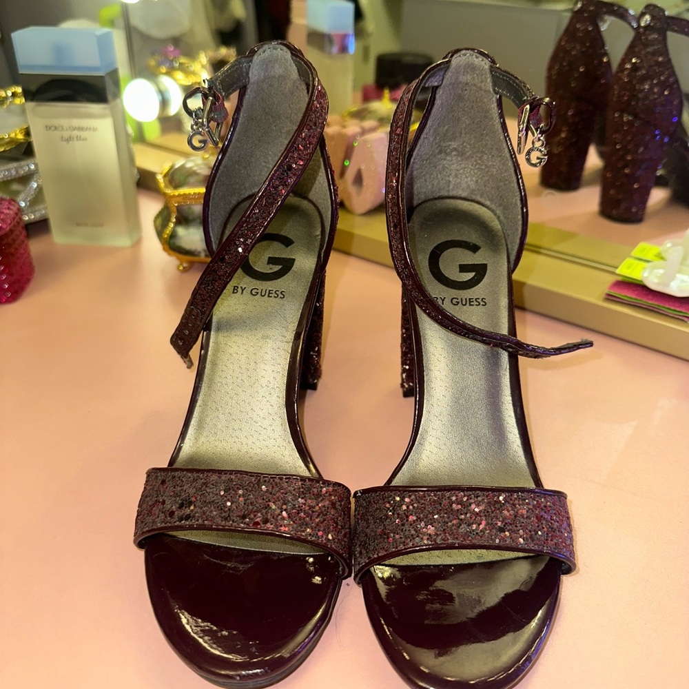 G by Guess Burgundy Glitter Ankle-Strap Heels